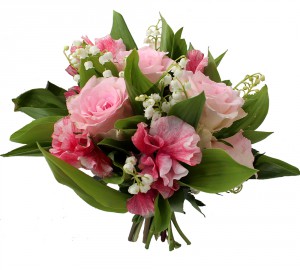 muguet du 1er mai: bouquet de muguet, roses roses, pois de senteurs roses