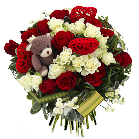 bouquet rond rose rouge fleur rose blanche matricaire oourson rouge blanc_i love you