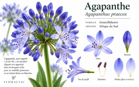 Planche botanique de l’agapanthe avec fleur, bouton, étamines et détails des pétales
