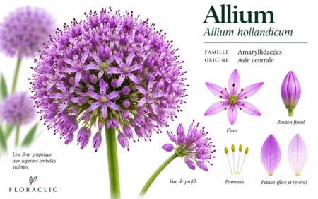 Planche botanique de l’allium avec fleur, bouton, étamines et détails des pétales