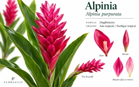 Planche botanique de l’alpinia avec inflorescence, fleur, bractée et détails botaniques