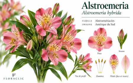 Planche botanique de l’alstroemeria avec fleurs, bouton, étamines et détail des pétales striés