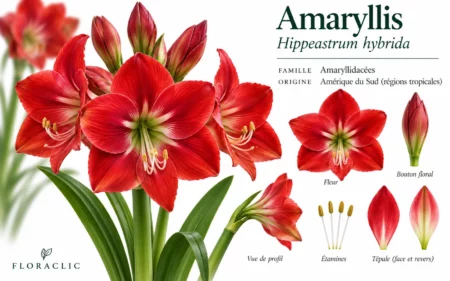 Planche botanique de l’amaryllis avec fleur ouverte, bouton, étamines et détail d’un pétale