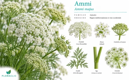 Planche botanique de l’Ammi majus avec grandes ombelles blanches, petites fleurs, boutons, feuille très découpée, tige creuse et détail de l’ombelle