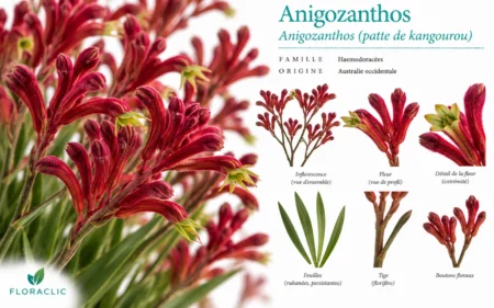 Planche botanique de l’Anigozanthos rouge, ou patte de kangourou, avec fleurs tubulaires veloutées, boutons, feuillage rubané, tige florale et détails botaniques
