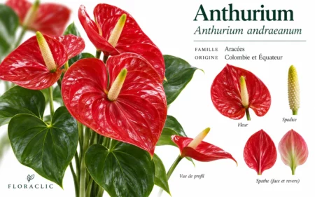 Planche botanique de l’anthurium rouge Anthurium andraeanum avec spathe, spadice et détails botaniques