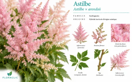 Planche botanique de l’Astilbe rose pastel Astilbe × arendsii avec panicules plumeuses, boutons floraux, petites fleurs, feuille composée et tige