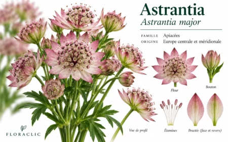 Planche botanique de l’astrantia rose Astrantia major avec fleur, bouton, étamines et détails des bractées