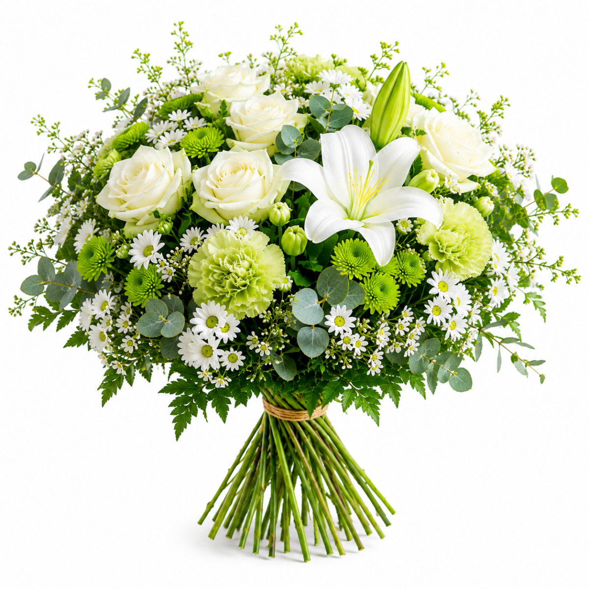 bouquet de mariage Fidji  composé de roses blanches, lys blancs, oeillets verts, santinis blancs, santinis verts, feuillages.