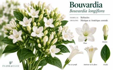 Planche botanique du bouvardia blanc Bouvardia longiflora avec fleurs, boutons, vue de profil et détails botaniques