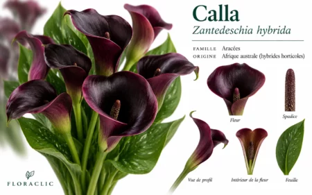 Planche botanique du calla pourpre presque noir Zantedeschia hybrida avec spathe, spadice et détails botaniques