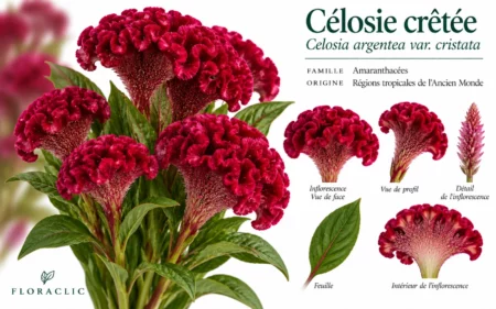 Planche botanique de la célosie crêtée Celosia argentea var. cristata avec inflorescence, profil, feuille et détails botaniques