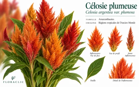 Planche botanique de la célosie plumeuse Celosia argentea var. plumosa avec inflorescence, profil, feuille et détails botaniques