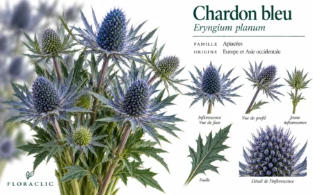 Planche botanique du chardon bleu Eryngium planum avec inflorescence, jeune bouton, feuille et détails botaniques