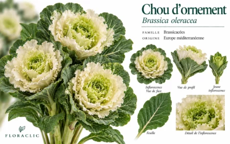 Planche botanique du chou d’ornement Brassica oleracea avec rosette blanc crème, feuilles, vue de profil et détails botaniques