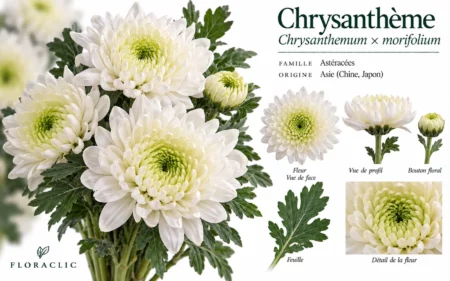 Planche botanique du chrysanthème à grosse fleur Chrysanthemum × morifolium avec fleur, bouton, feuille et détails botaniques