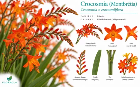 Planche botanique du Crocosmia × crocosmiiflora, ou montbrétia, avec hampes arquées orange, fleurs en entonnoir, boutons floraux, feuille en glaive et tige ramifiée