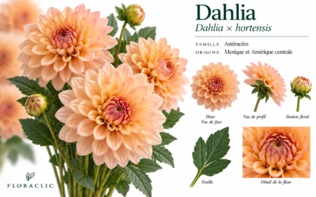Planche botanique du dahlia pêche Dahlia × hortensis avec fleur, bouton, feuille et détails botaniques