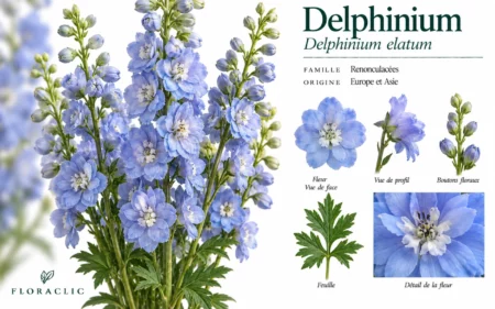 Planche botanique du delphinium bleu ciel Delphinium elatum avec fleurs, boutons, feuille et détails botaniques