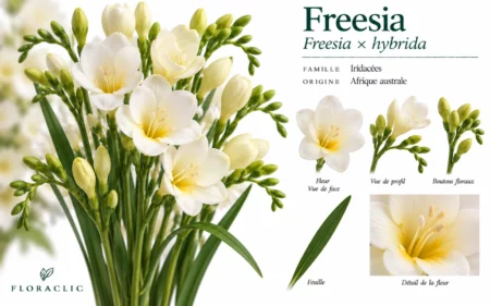 Planche botanique du freesia blanc Freesia × hybrida avec fleurs, boutons, feuille et détails botaniques
