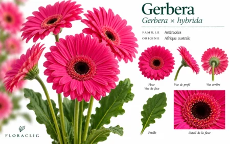 Planche botanique du gerbera fuchsia Gerbera × hybrida avec fleur de face, profil, revers, feuille et détail du capitule