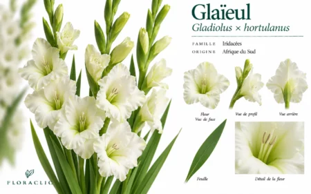 Planche botanique du glaïeul blanc-vert Gladiolus × hortulanus avec fleurs, boutons, feuille et détails botaniques