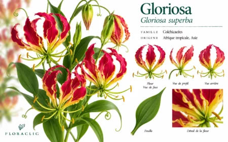 Planche botanique de la gloriosa Gloriosa superba avec fleur de face, profil, revers, feuille et détail des tépales