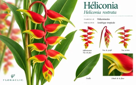 Planche botanique de l’héliconia Heliconia rostrata avec inflorescence pendante, bractées rouges et jaunes, feuille et détails botaniques