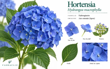 Planche botanique de l’hortensia bleu Hydrangea macrophylla avec inflorescence, fleur, boutons, feuille et détails des sépales