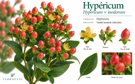 Planche botanique de l’hypéricum Hypericum × inodorum avec fleurs jaunes, boutons, baies rouge corail, feuille et détails botaniques