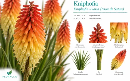 Planche botanique du Kniphofia uvaria, ou tison de Satan, avec inflorescence rouge orangé et jaune, boutons floraux, fleurs tubulaires, feuilles rubanées et tige florale