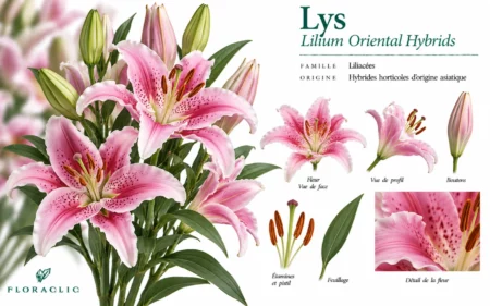 Planche botanique du lys oriental rose Lilium Oriental Hybrids avec fleurs ouvertes, boutons, étamines, pistil, feuillage et détails botaniques