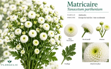 Planche botanique de la matricaire Tanacetum parthenium à petites fleurs doubles blanches en pompons, avec boutons, feuillage et détails botaniques