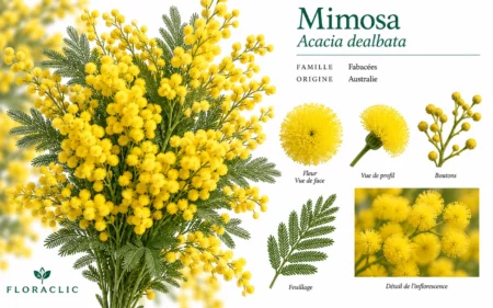 Planche botanique du mimosa Acacia dealbata avec capitules jaunes, boutons, feuillage fin et détails de l’inflorescence