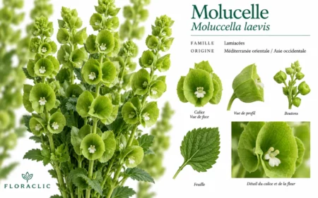 Planche botanique de la molucelle Moluccella laevis avec calices verts en cloche, petites fleurs blanches, boutons, feuille et détails botaniques