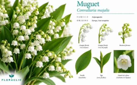 Planche botanique du muguet Convallaria majalis avec grappes de clochettes blanches, boutons floraux, feuilles et détail de la fleur