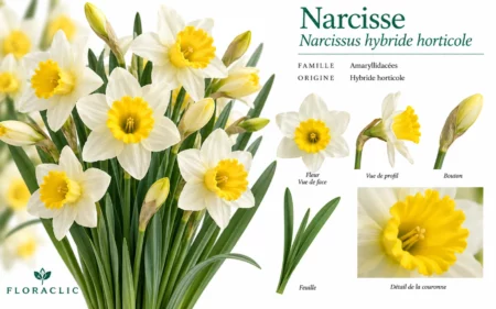 Planche botanique du narcisse blanc à couronne jaune, hybride horticole de Narcissus, avec fleur, bouton, feuille et détail de la couronne