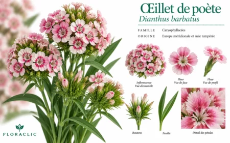 Planche botanique de l’œillet de poète Dianthus barbatus rose tendre avec inflorescences, fleurs, boutons, feuilles et détails des pétales