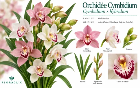 Planche botanique de l’orchidée Cymbidium avec fleurons roses et blancs, boutons, feuilles, tige florale et détail du labelle
