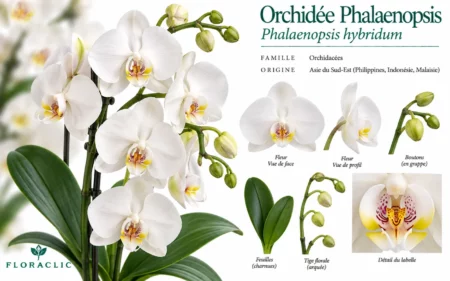 Planche botanique de l’orchidée Phalaenopsis blanche avec fleurs, boutons, feuilles charnues, hampe florale arquée et détail du labelle
