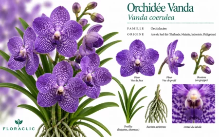 Planche botanique de l’orchidée Vanda violette avec fleurs, boutons, feuilles linéaires, racines aériennes et détail du labelle
