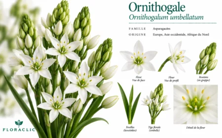 Planche botanique de l’ornithogale blanc avec fleurs étoilées, boutons verts, feuilles lancéolées et détails de la fleur