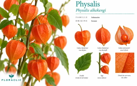 Planche botanique du Physalis alkekengi avec lanternes orange, calices nervurés, fruit, feuille et tige portant plusieurs calices