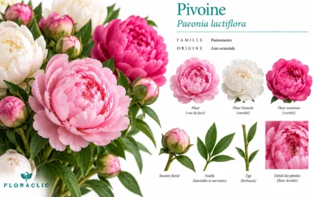 Planche botanique de la pivoine Paeonia lactiflora avec fleurs roses et blanches, bouton floral, feuillage, tige et détail des pétales