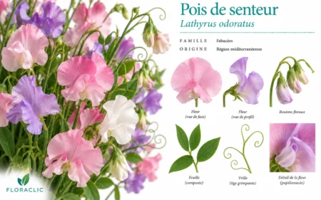 Planche botanique du pois de senteur Lathyrus odoratus avec fleurs pastel roses, mauves et blanches, boutons floraux, feuille composée, vrilles et détail de la fleur