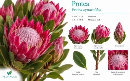 Planche botanique de la Protea cynaroides fuchsia avec grande inflorescence, bractées colorées, bouton floral, feuille coriace, tige ligneuse et détail du cœur floral