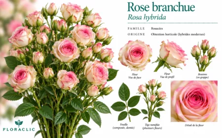 Planche botanique de la rose branchue bicolore rose et crème avec fleurs, boutons, feuille composée, tige ramifiée et détails de la fleur