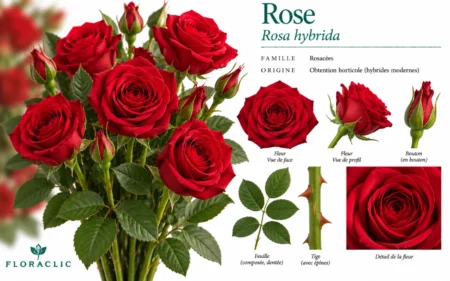Planche botanique de la rose rouge Rosa hybrida avec fleur ouverte, bouton, feuille composée, tige épineuse et détail des pétales