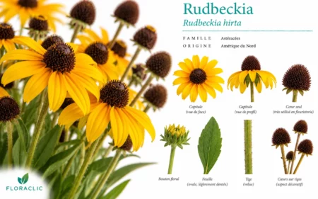 Planche botanique du Rudbeckia hirta avec capitules jaunes à cœur brun, cônes décoratifs sur tiges, bouton floral, feuille et tige velue