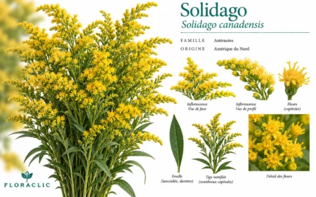 Planche botanique du Solidago canadensis avec inflorescences jaunes, petits capitules, feuille lancéolée, tige ramifiée et détails floraux